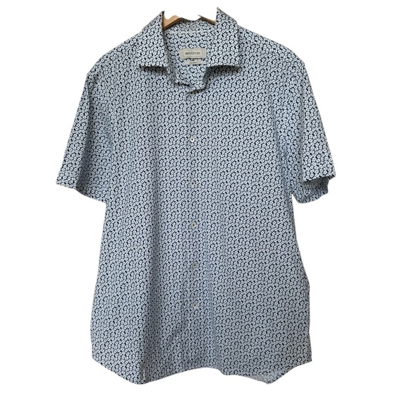 BUGATCHI Men's L Blue Floral Short Sleeve Shirt Casual Stretch Cotton Summer - Picture 2 of 8
